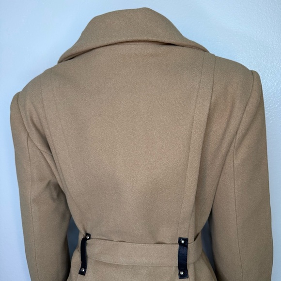 Khaki single breasted lapel collar A-line pleated flare belted pea coat - Picture 6 of 12